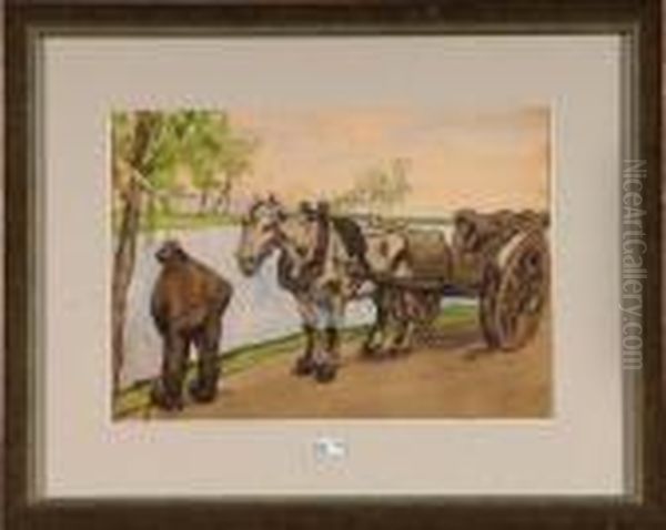 Paysan Et Son Cheval Au Bord Du Canal Oil Painting by Alfred Ost