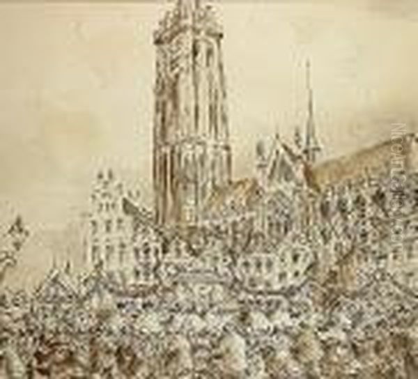 'de Sint-romboutstoren In Mechelen'. Oil Painting by Alfred Ost