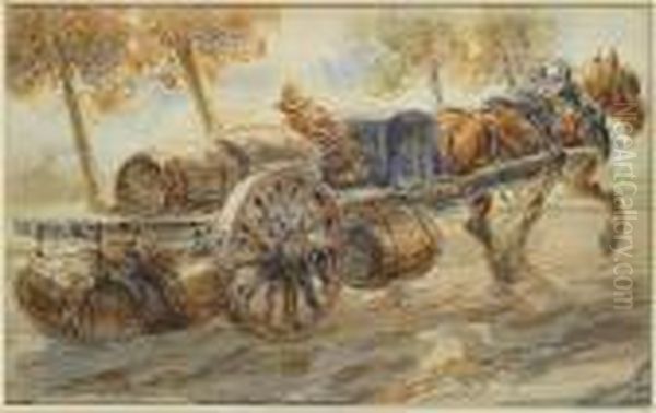 Paysan Et Char A Cheval, Rempli De Tonnaux Oil Painting by Alfred Ost