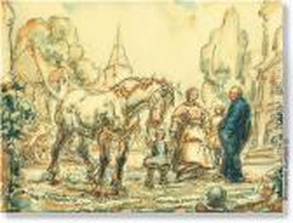 Boerenfamilie Te Paard. 
Pentekening En Aquarel. Getekend En Gedateerd 'a.ost 44'. In Kader Oil Painting by Alfred Ost