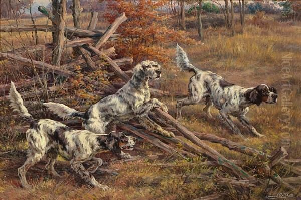 Three English Setters Clearing A Fence Oil Painting by Edmund Henry Osthaus