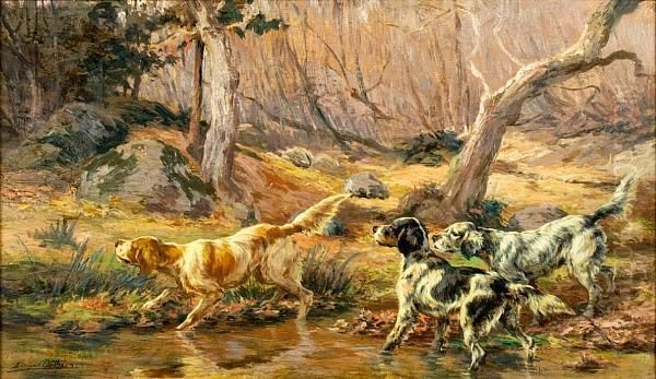 Three English Setters By A Brook Oil Painting by Edmund Henry Osthaus