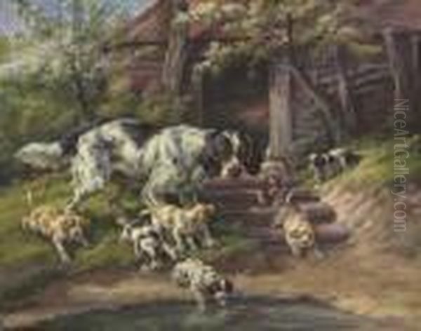 Their First Adventure: A Setter With Her Pups Oil Painting by Edmund Henry Osthaus