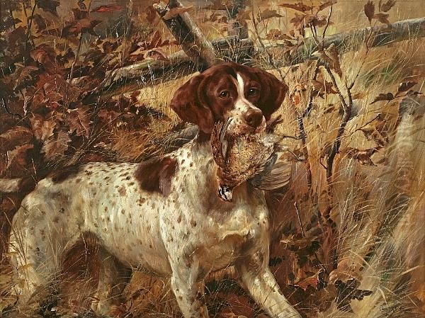 Pointer Soft-mouthing A Quail Oil Painting by Edmund Henry Osthaus