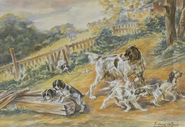 Setter With Playful Pups Oil Painting by Edmund Henry Osthaus