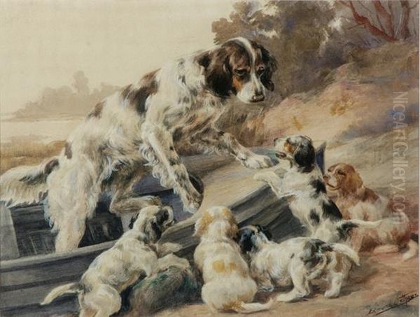 All Aboard! A Mother Setter With Her Pups Oil Painting by Edmund Henry Osthaus