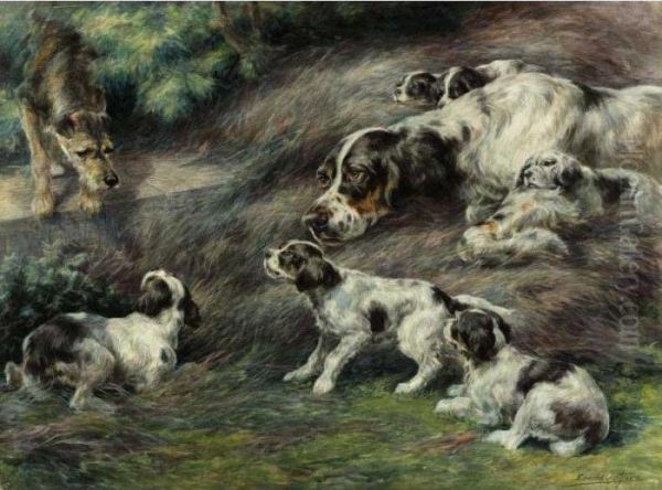 An English Setter And Her Pups Oil Painting by Edmund Henry Osthaus