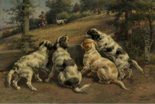 Waiting Their Turn -- Four Pups Oil Painting by Edmund Henry Osthaus