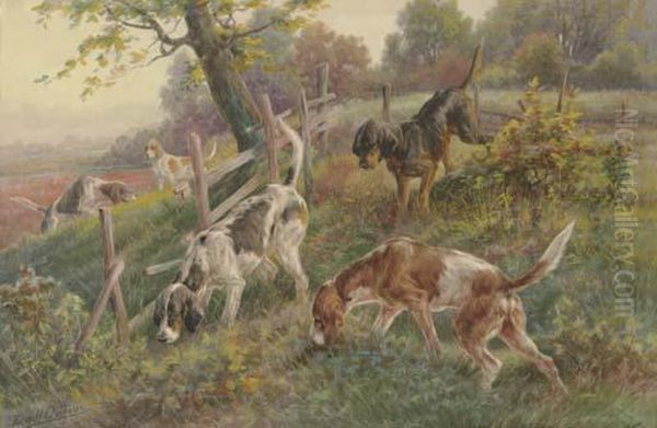 Pointers In Autumn Landscape Oil Painting by Edmund Henry Osthaus