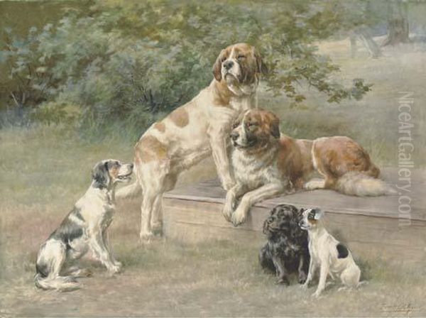 Two St. Bernards, A Black Cocker Spaniel, An English Setter And Ablack And White Terrier Oil Painting by Edmund Henry Osthaus