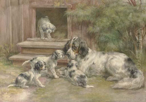 A Setter And Her Puppies Outside A Kennel Oil Painting by Edmund Henry Osthaus