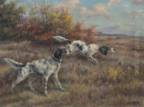 Two Setters On A Point In An Extended Landscape Oil Painting by Edmund Henry Osthaus