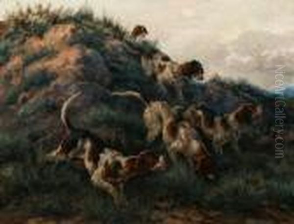 Dogs Hunting Prey, Identified With Old Label On Reverse Oil Painting by Edmund Henry Osthaus