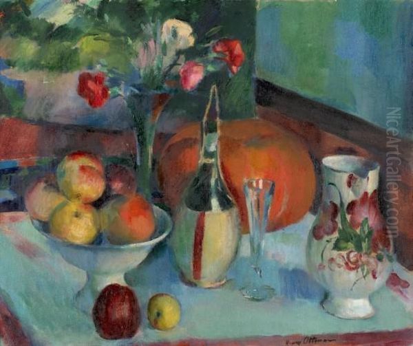 Nature Morte Aux Fruits Et La Fiasque De Vin Oil Painting by Henri Ottmann