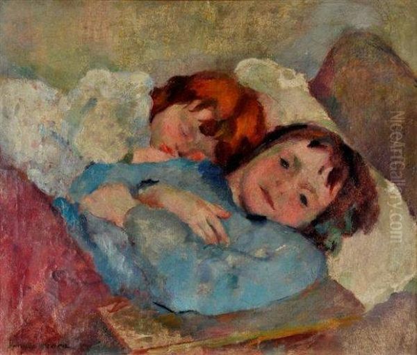 Deux Enfants Endormis Oil Painting by Henri Ottmann