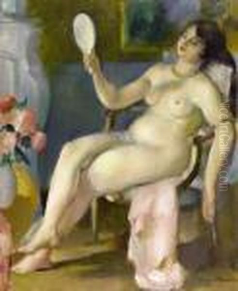 Modele Devant Son Miroir, Circa 1920 Oil Painting by Henri Ottmann