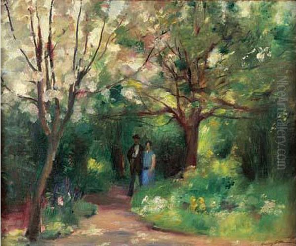 Couple Dans Un Jardin, Circa 1920. Oil Painting by Henri Ottmann