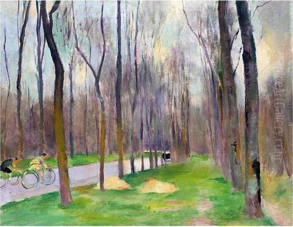 Les Bicyclistes A Fontainbleau Oil Painting by Henri Ottmann