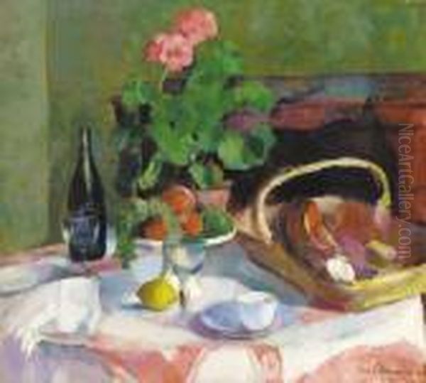 Un Geranium En Pot Avec Des Fruits, Du Pain Et Une Bouteille De Vin Sur La Table Oil Painting by Henri Ottmann