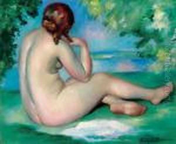 A Female Nude In A Landscape Oil Painting by Henri Ottmann