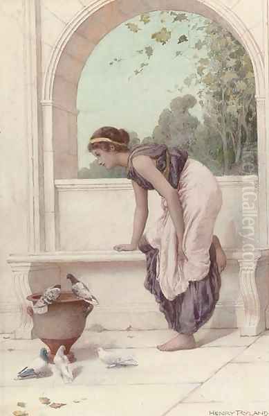 A classical maiden on a terrace with doves and pigeons Oil Painting by Henry Ryland