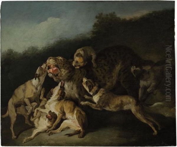 Hunting Scene With A Leopard And Six Dogs Oil Painting by Jean-Baptiste Oudry