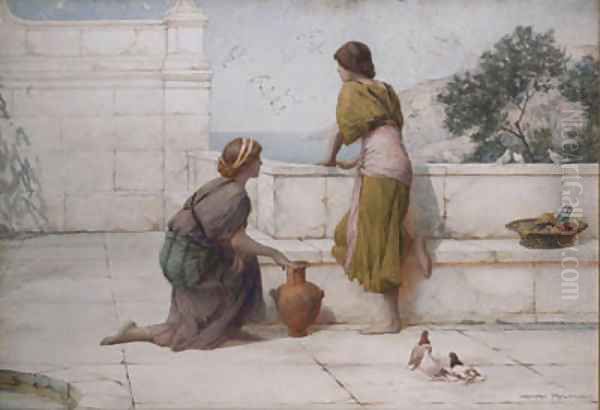 Young Girls On A Classical Terrace With A View Of The Sea Beyond Oil Painting by Henry Ryland