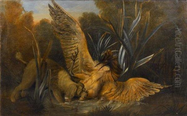  Chien Barbet Attaquant Un Butor  Oil Painting by Jean-Baptiste Oudry