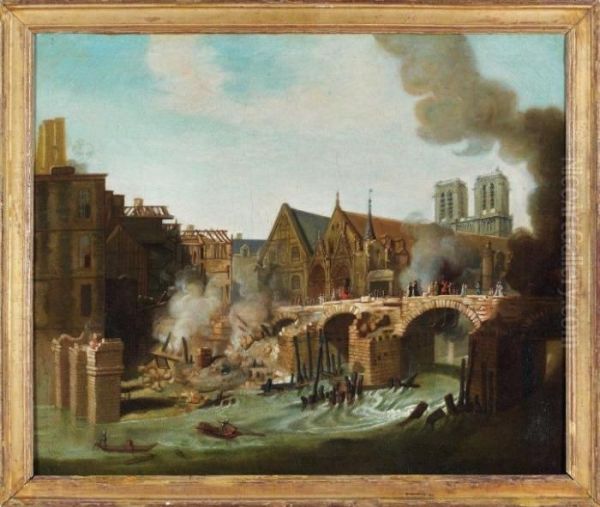 L'incendie Du Pont De L'hoteldieu Oil Painting by Jean-Baptiste Oudry