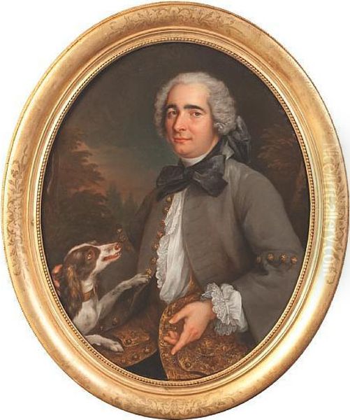 Portrait Of A Gentleman Half 
Length, Wearing Agrey Coat And With His Dog Beside Him, A Landscape 
Beyond Oil Painting by Jean-Baptiste Oudry