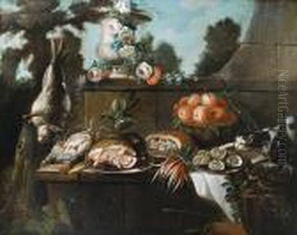 A Basket Of Peaches With A Ham 
On A Stonetable-top, A Cat Stealing From A Plate Of Oysters, A Dead 
Harehanging From A Tree, And A Stone Urn With A Garland Offlowers Oil Painting by Jean-Baptiste Oudry