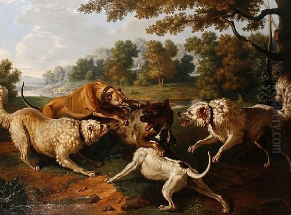 A Pack Of Dogs Attacking A Wolf Oil Painting by Jean-Baptiste Oudry