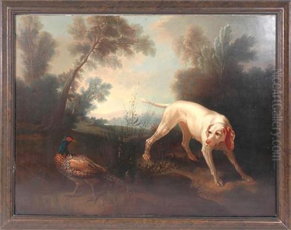 Blanch Bitch Of The Royal Hunt With Pheasant, In A Landscape Oil Painting by Jean-Baptiste Oudry