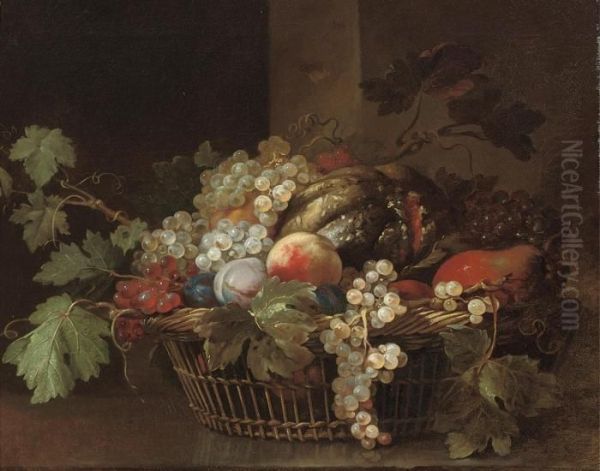 Peaches, Grapes, Plums, Pears And A Melon In A Wicker Basket Oil Painting by Jean-Baptiste Oudry