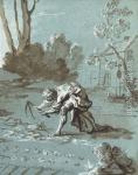 Un Homme Retournant Un Champ, Une Maison Au Fond Oil Painting by Jean-Baptiste Oudry