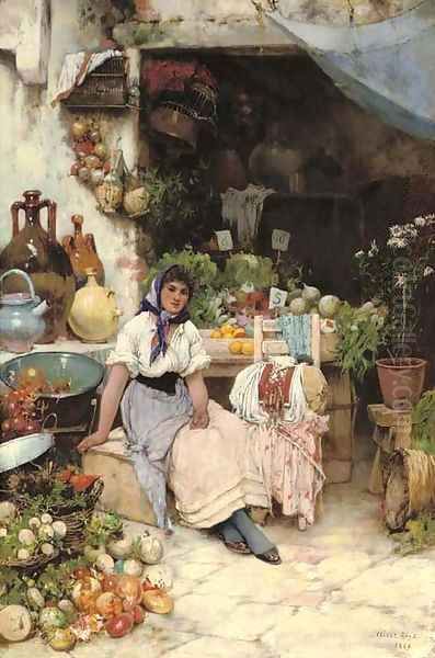 A Venetian Fruit Seller Oil Painting by Oliver Rhys