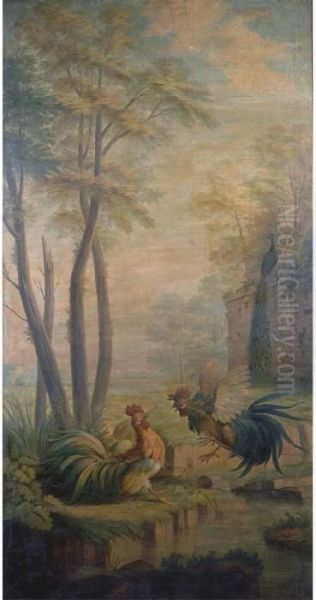 Two Fighting Cocks By A Pond In A Park Landscape Oil Painting by Jean-Baptiste Oudry