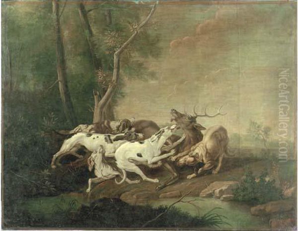 Hounds Attacking A Stag Oil Painting by Jean-Baptiste Oudry