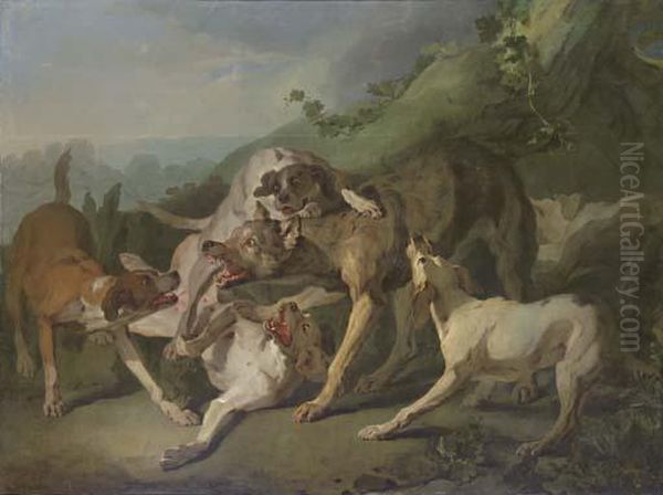 Dogs Attacking A Wolf In A Landscape Oil Painting by Jean-Baptiste Oudry