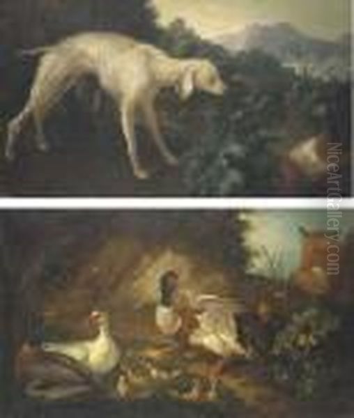 Un Chien Surprenant Deux Perdrix; Un Renard Surprenant Une Famillede Canards Oil Painting by Jean-Baptiste Oudry