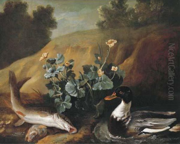 A Duck With Two Barbels At The Edge Of A Pond Oil Painting by Jean-Baptiste Oudry