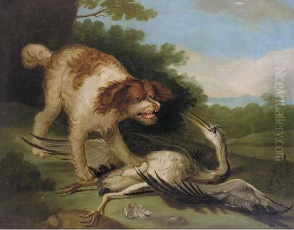 A Spaniel Attacking A Crane Oil Painting by Jean-Baptiste Oudry