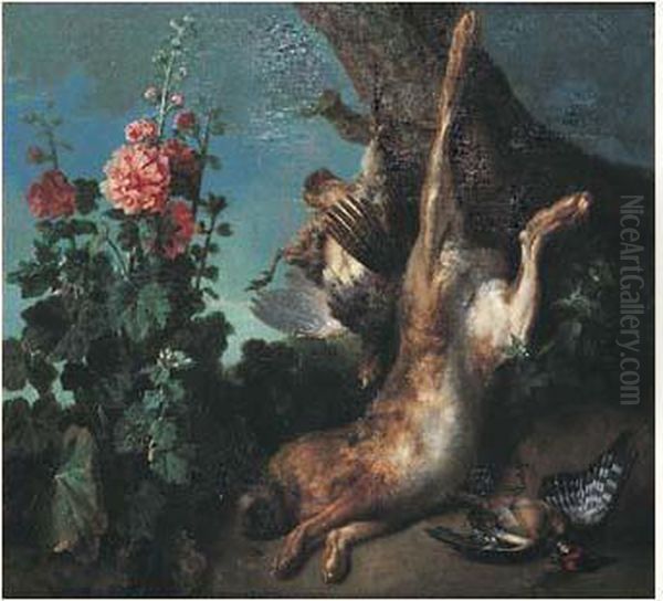 Nature Morte Au Lievre Et 
Perdreau Gris Attaches A Un Tronc D'arbre A Cote D'une Rose Tremiere Oil Painting by Jean-Baptiste Oudry