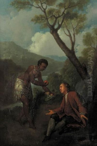 A Moor Servant Offering Fruit To A Gentleman Seated By A Tree In A Mountainous Landscape Oil Painting by Jean-Baptiste Oudry