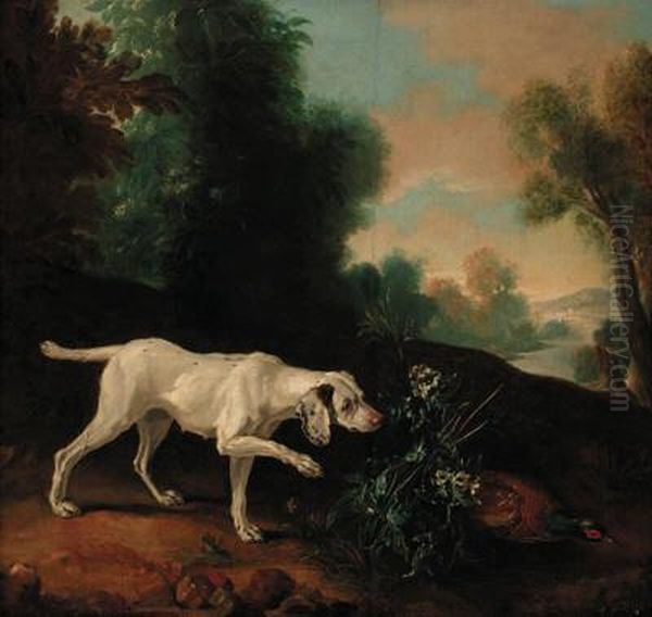 A Pointer With A Pheasant In A Landscape Oil Painting by Jean-Baptiste Oudry