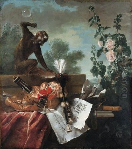 An Allegory Of Air: A Musical 
Still Life With A Monkey Blowingbubbles, A Musette, A Flute And Musical 
Scores. Oil Painting by Jean-Baptiste Oudry