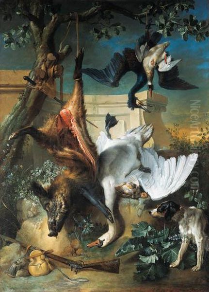 'la Retour De Chasse': A Hunting Dog Guarding Dead Game Oil Painting by Jean-Baptiste Oudry