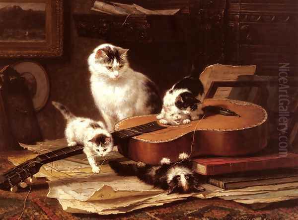 Oefeningen Op De Gitaar (Playing with the Guitar) Oil Painting by Henriette Ronner-Knip