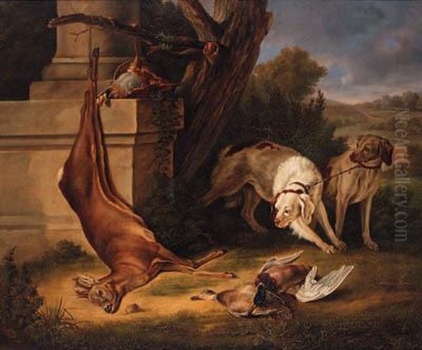 Hunting Dogs With Game In A Landscape Oil Painting by Jean-Baptiste Oudry