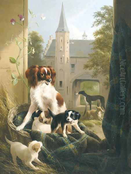 A mother and her litter in a castle court yard Oil Painting by Henriette Ronner-Knip